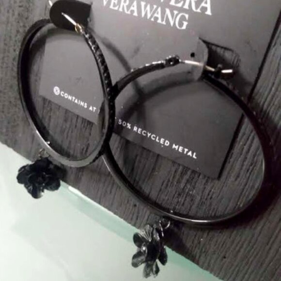 VERA WANG Goth Black Flower/Black Crystal Hoop Earrings**NEW! - Picture 1 of 4